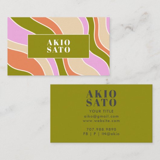 Bohoレトロ抽象芸術波線ピンクグリーン 名刺 (正面/裏面)