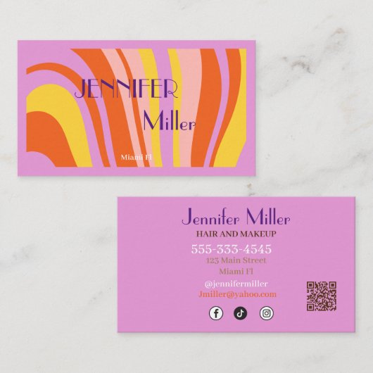 Bohoレトロ波線ソーシャルメディアQRコード 名刺 (正面/裏面)