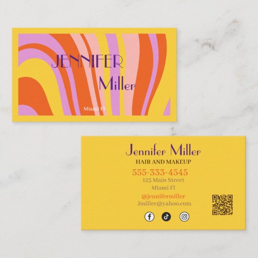 Bohoレトロ波線ソーシャルメディアQRコード 名刺 (正面/裏面)