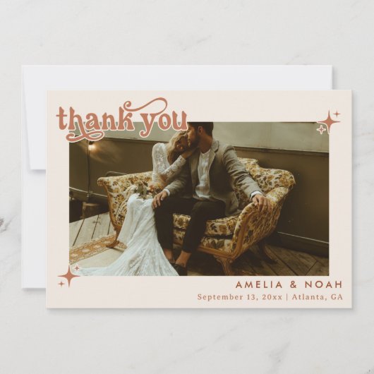 Bohoレトロ結婚写真のサンキューカード 招待状 (正面)