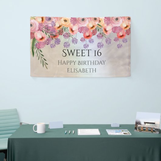 Bohoロマンチックな水の色フローラ甘い16パーティー 横断幕 (トレードショー)