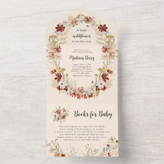 Bohoワイルドフラワーベビージャーシャワー全て一つの招待状 オールインワン招待状 (内側)
