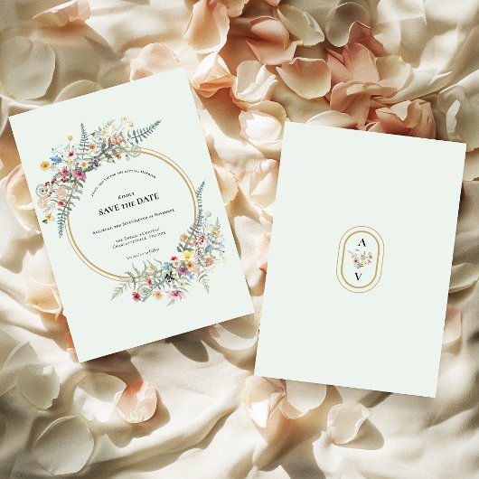 Bohoワイルドフラワーミントグリーンウェディング日付を保存 セーブザデート