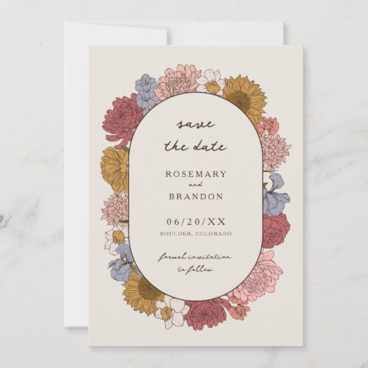 Bohoヴィンテージフローラ秋庭園の結婚式写真 セーブザデート (正面)