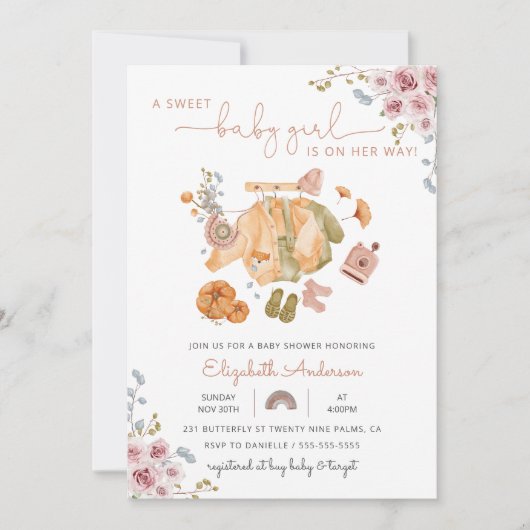 Bohoヴィンテージベビーガール服ベビーシャワー 招待状 (正面)