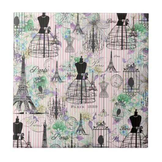 Bohoヴィンテージマヌイムブラックピンクローズフローラ タイル (正面)