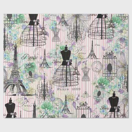 Bohoヴィンテージマヌイムブラックピンクローズフローラ ラッピングペーパー (フラット)