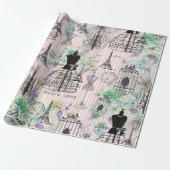 Bohoヴィンテージマヌイムブラックピンクローズフローラ ラッピングペーパー (アンロールド)