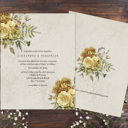 Bohoヴィンテージ金ゴールドバラとクリームダマスクウェディング 招待状