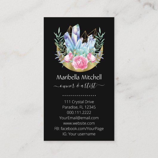 Boho三日月の結晶クラスターピンクのバラ 名刺 (裏面)