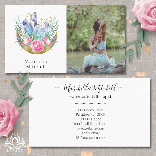 Boho三日月の結晶ピンクのバラの写真 名刺