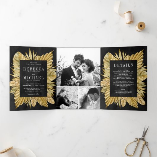 Boho乾燥素朴パーム写真コラージブラック結婚ズ 三つ折り招待状 (内部)