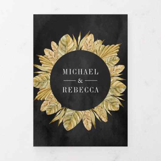 Boho乾燥素朴パーム写真コラージブラック結婚ズ 三つ折り招待状 (カバー)