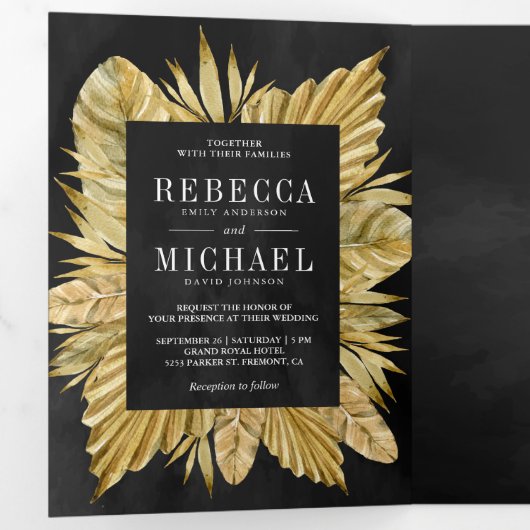 Boho乾燥素朴パーム写真コラージブラック結婚ズ 三つ折り招待状 (内部最初)