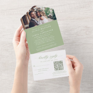 Boho写真モダンRSVP QRコードSage Green's 結婚 オールインワン招待状