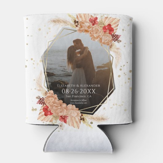 Boho写真 | Terracotta結婚式の日付を保存 缶クーラー (裏面)