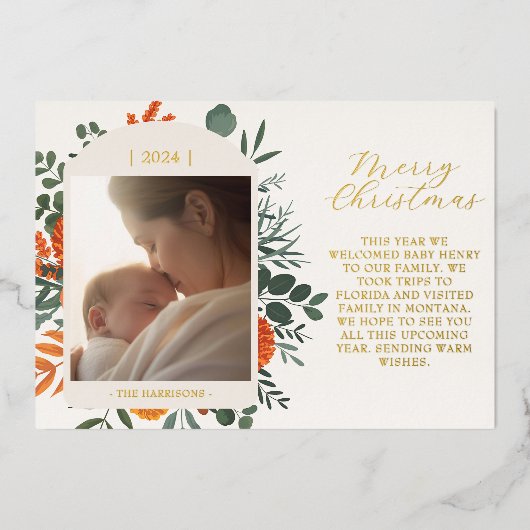 Boho冬のフローラロングメッセージクリスマス 箔シーズンカード (正面)