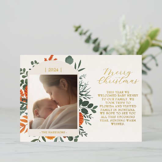 Boho冬のフローラロングメッセージクリスマス 箔シーズンカード (立ち正面)