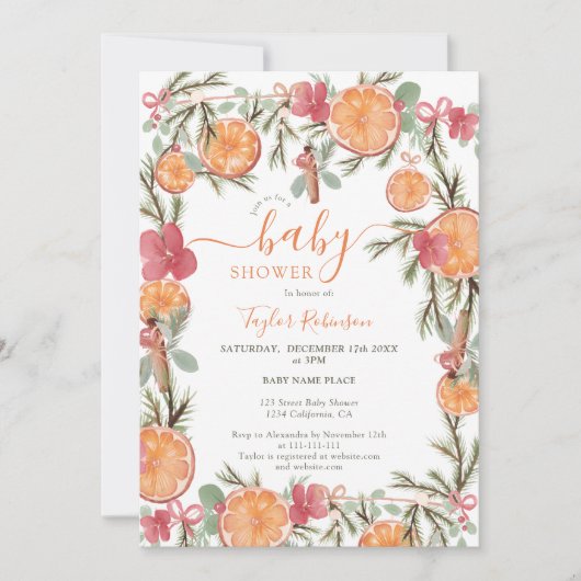 Boho冬の乾燥柑橘系フローラベビーシャワー 招待状 (正面)
