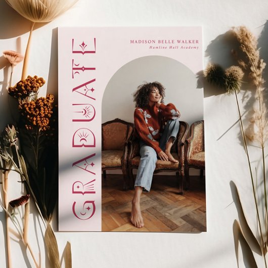 Boho卒業式ピンク卒業のお知らせ サンキューカード