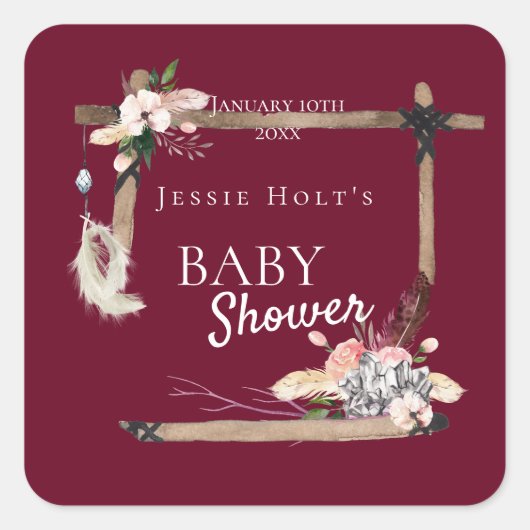 Boho南西ブルゴーニュ赤ちゃんシャワー スクエアシール (正面)