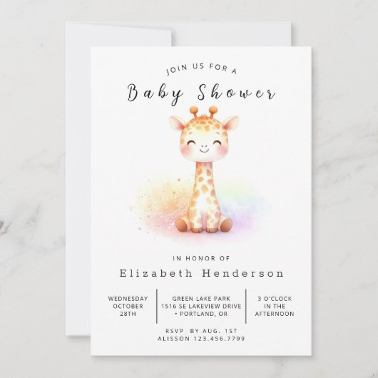 Boho印刷可能なキリン赤ちゃんシャワー 招待状 (正面)