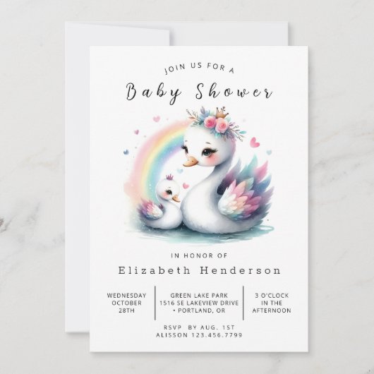 Boho印刷可能なスワン赤ちゃんシャワー 招待状 (正面)