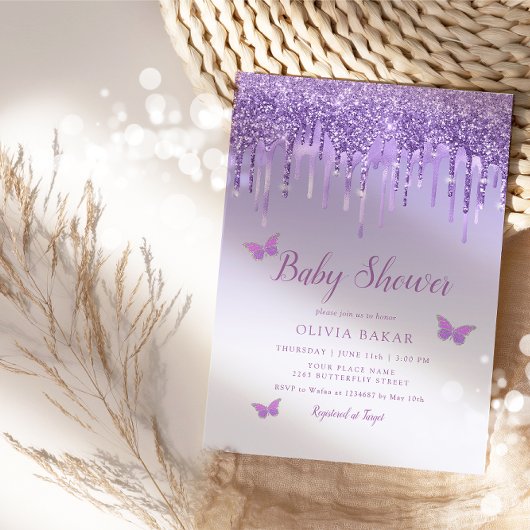 Boho可愛い紫グラデーション蝶ガール赤ちゃんシャワー 招待状