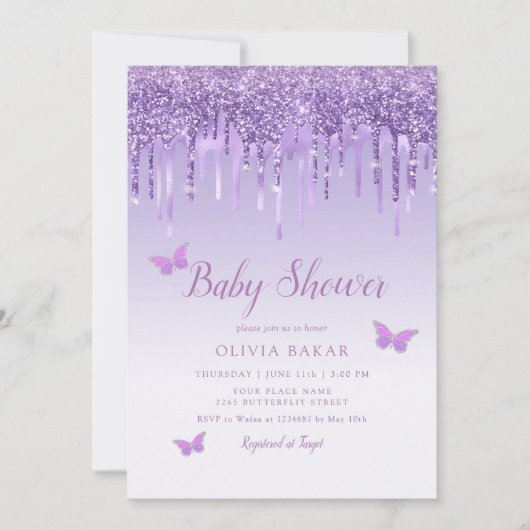 Boho可愛い紫グラデーション蝶ガール赤ちゃんシャワー 招待状 (正面)