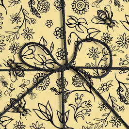 Boho夏フローラハニービーパターンイエローキュート ラッピングペーパー