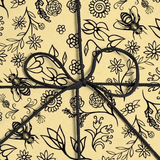 Boho夏フローラハニービーパターンイエローキュート ラッピングペーパー