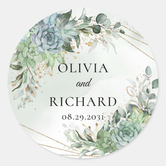 Boho多肉緑色ユーカリ金ゴールド枠 ラウンドシール (正面)