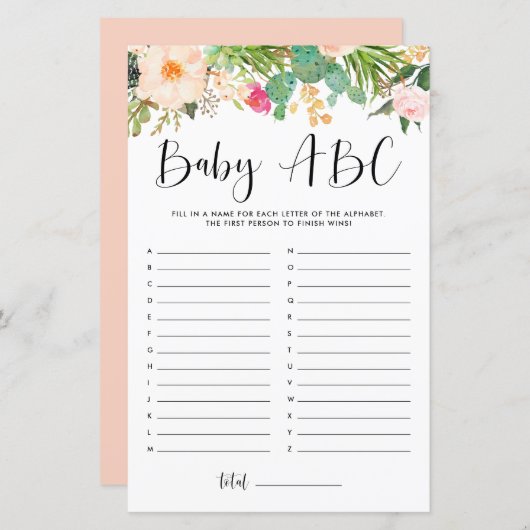Boho多肉食ベビーABCベビーシャワーゲーム (正面/裏面)