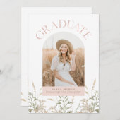 Boho大学院アーチピンクとグリーンの卒業写真 招待状 (正面/裏面)