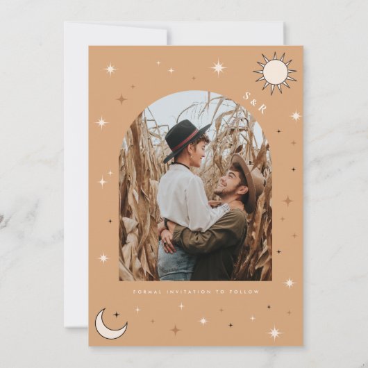 Boho天月と太陽の神秘的な写真結婚ズ セーブザデート (裏面)