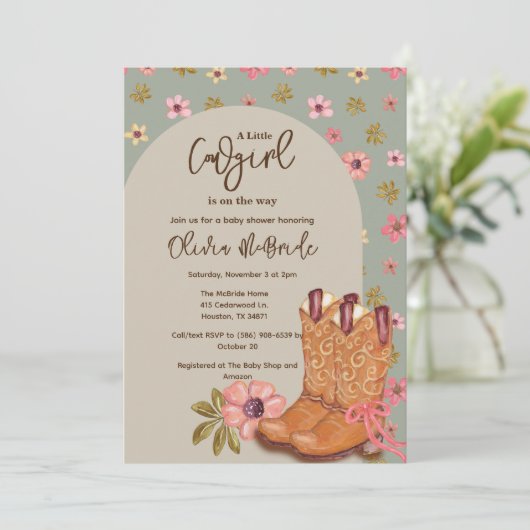 Boho女性のカーボーイフラワーブーツ西ベビーシャワー 招待状 (スタンド正面)
