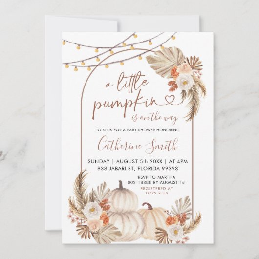 Boho小さなカボチャは赤ちゃんシャワーの途中にある 招待状 (正面)