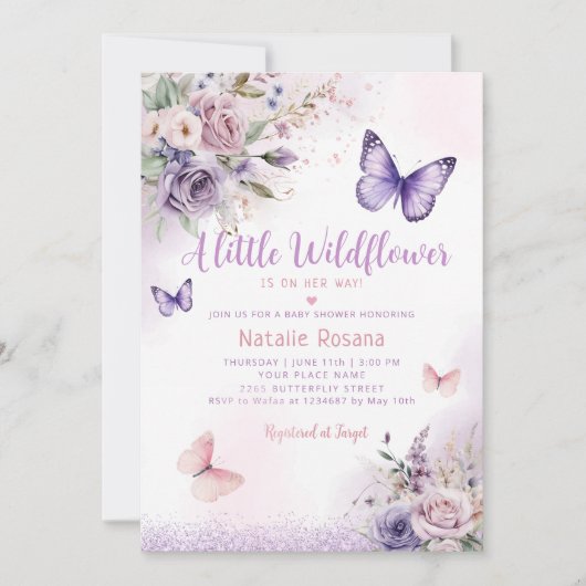 Boho小さな蝶のフローラ女の子の赤ちゃんシャワー 招待状 (正面)