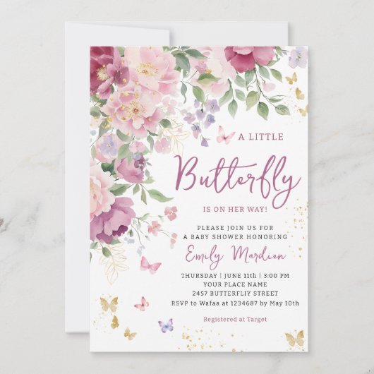 Boho小さな蝶のフローラ女の子の赤ちゃんシャワー 招待状 (正面)