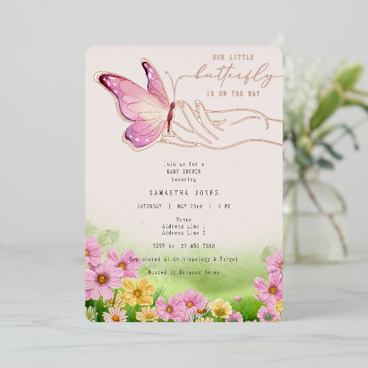 Boho小さな蝶の道のワイルドフラワーガーデン 箔招待状 (立ち正面)