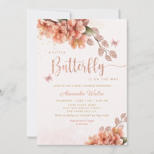 Boho小モダンさな蝶の女の子の赤ちゃんシャワー 招待状 (正面)