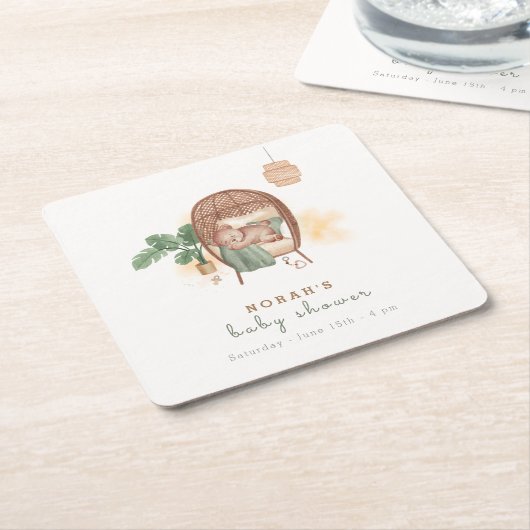 Boho居心地の良いテディベア睡眠赤ちゃんシャワー スクエアペーパーコースター (アングル)