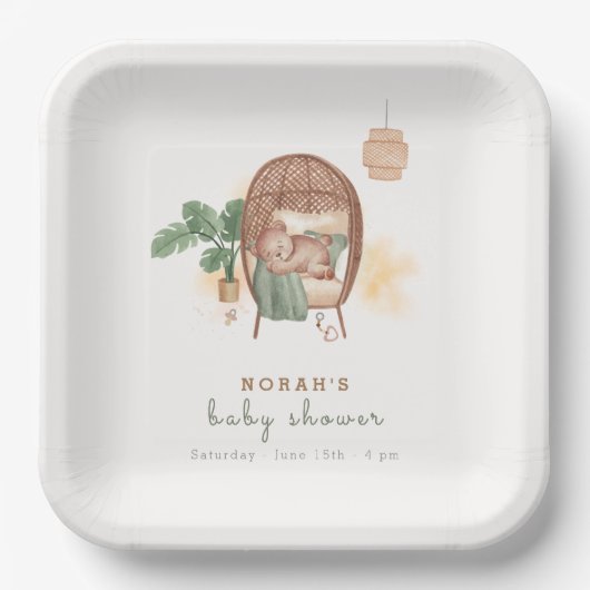 Boho居心地の良いテディベア睡眠赤ちゃんシャワー ペーパープレート (正面)