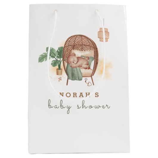 Boho居心地の良いテディベア睡眠赤ちゃんシャワー ミディアムペーパーバッグ (正面)