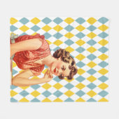 Boho幾何学模様（50年代のレディ付き黄色の青） フリースブランケット (正面(横))