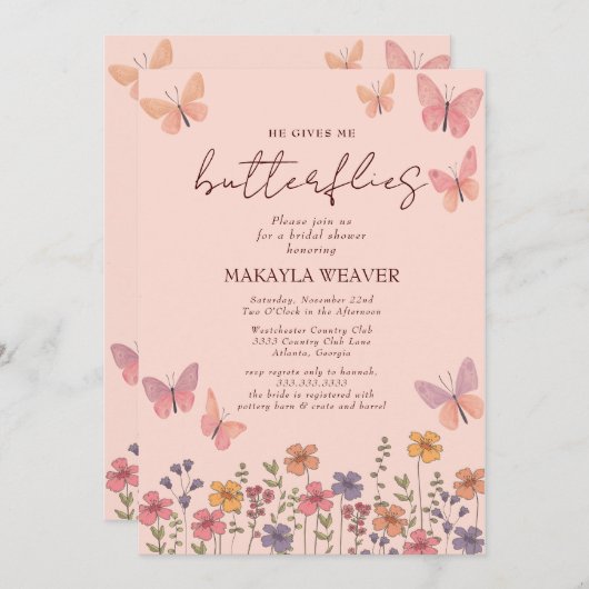 boho彼与え私の蝶の花ブライダルシャワー 招待状 (正面/裏面)