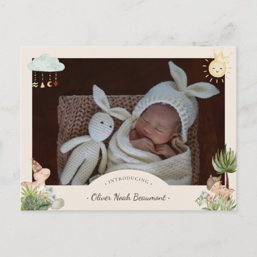 Boho恐竜の写真の誕生発表はがき 案内ポストカード (正面)