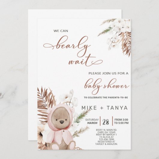 Boho我々はベアベビーシャワー招待状を待つことができる。 招待状 (正面/裏面)