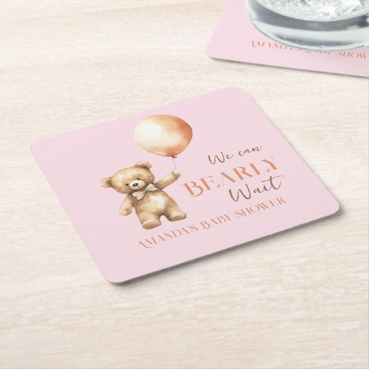 Boho我々は待つことができるピンクベアーガールベビーシャワー スクエアペーパーコースター (アングル)