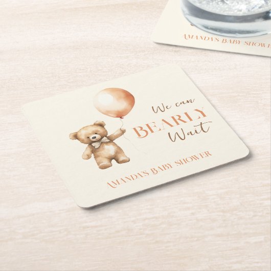 Boho我々はbeigeクマ赤ちゃんシャワーをbeige待つことができる スクエアペーパーコースター (アングル)
